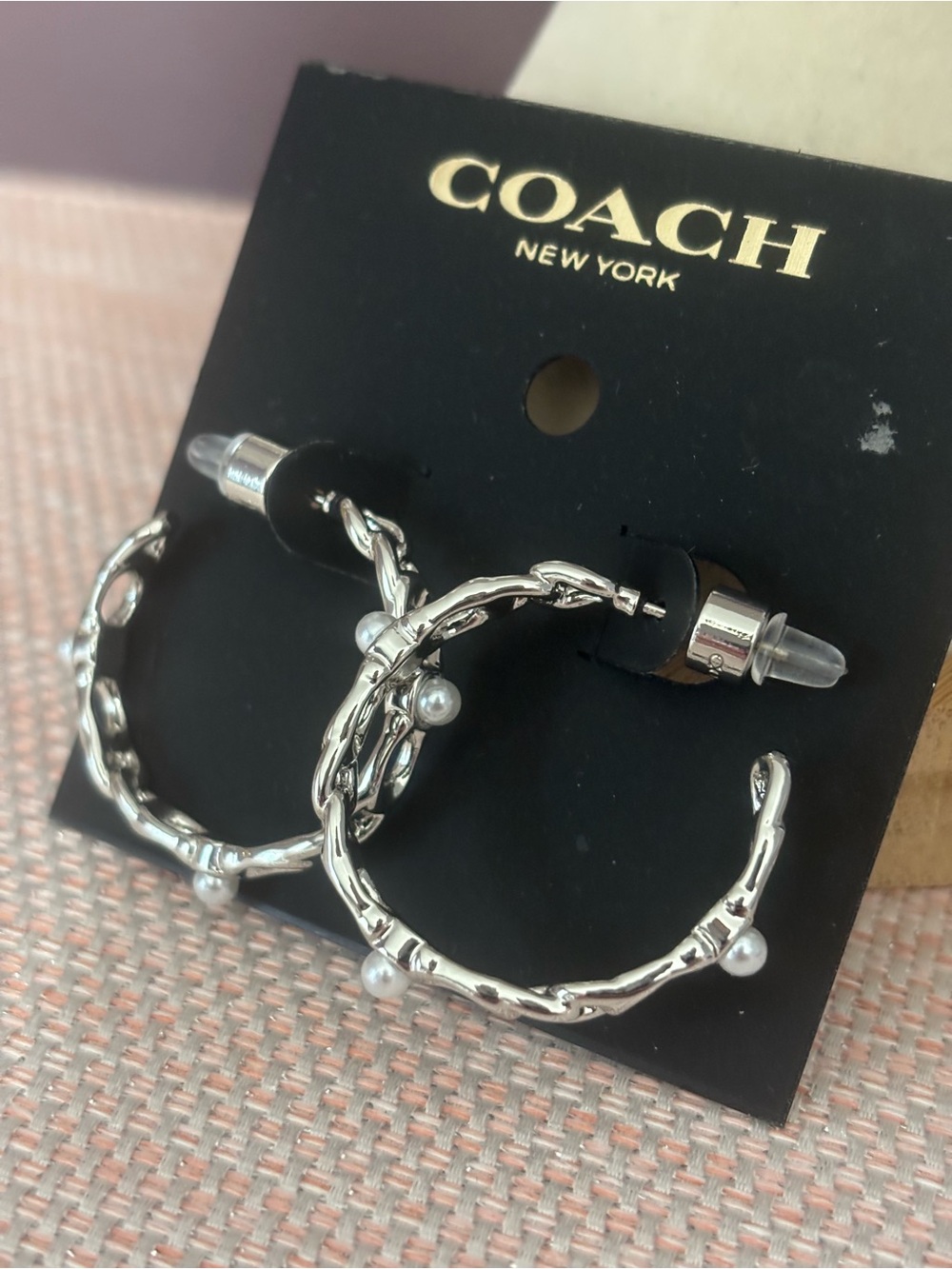 COACH Silver-Tone Hoop Earrings with Pearl Accents